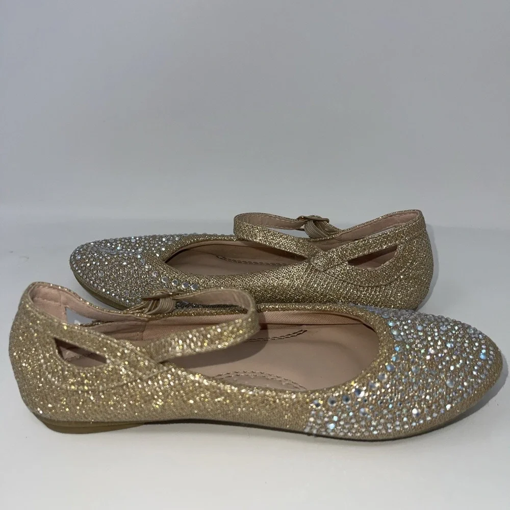 Girls Size 1 Gold Rhinestone‎ Encrusted Glittery Mary Jane Flat Dress Shoes
